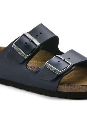 Birkenstock Two-Strap Slide Sandal — Black with Silver Buckles